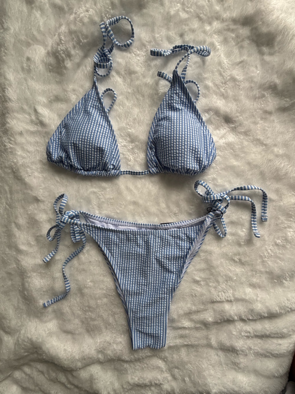 Zaful Blue and White Gingham Tie-Side Triangle Bikini